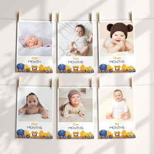 Bannière photo fête d'anniversaire de la construction, Cartes d'étape importante pour bébé excavatrice, Jalons mensuels d'anniversaire sur le thème de la construction, Marqueurs d'étape importante