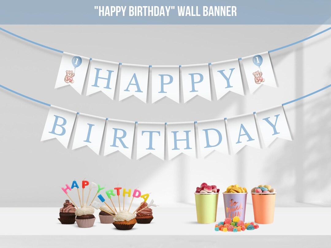 Cute Teddy Bear Happy Birthday Banner | Beary First Birthday Banner ...