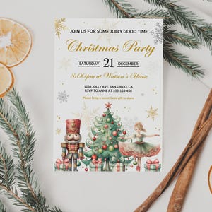May include: A rectangular Christmas party invitation card featuring gold text that reads JOIN US FOR SOME JOLLY GOOD TIME Christmas Party SATURDAY 21 DECEMBER 8:00pm at Watson's House 1234 JOLLY AVE. SAN DIEGO, CA RSVP TO ANNE AT 555-123-456.