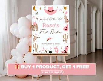 Cowgirl My First Rodeo Birthday Welcome Sign | Western Party Welcome Board | 1st Birthday Poster | Editable Canva Template, Digital Download