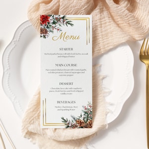Karty menu na przyjęcie świąteczne do wydrukowania - świąteczny wystrój bożonarodzeniowy, złoty szablon menu bożonarodzeniowego, drukowana kartka świąteczna