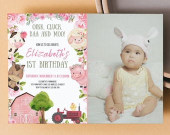 Girl Farm Birthday Invitation: Farm Animals, Pink Flowers (Digital Download)