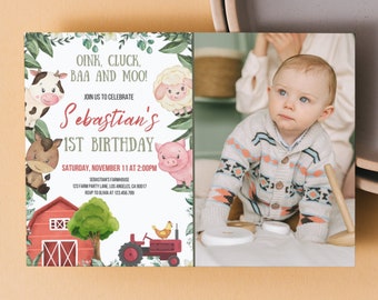 Farm Animals Birthday Invitation: First Birthday Party (Editable in Canva)