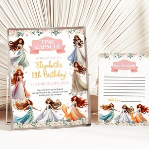 Capsule temporelle de fête de princesse 1er anniversaire, livre d'or personnalisé sur le thème de la princesse, carte de voeux d'anniversaire de fête d'anniversaire royale, carte de bonne chance