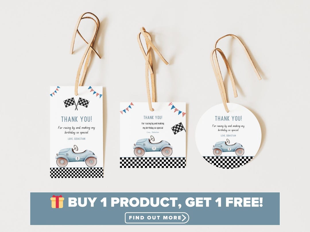 Fast Tag Card Frame Fast One Birthday Thank You Tags: Vintage Race Car (editable Canva ...