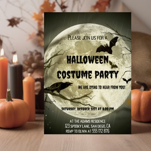 Halloween Costume Party Invite Digital Download with Full Moon Bats and Crow Decor, Halloween Party Invitation Spooky Halloween Party Invite