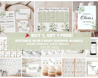 Baby In Bloom Baby Shower Bundle: Wildflower Spring Girl Shower, Editable Canva Templates (Digital Download)