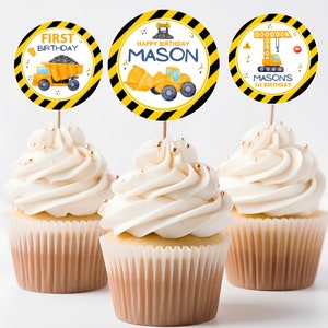 Construcción feliz cumpleaños Cupcake Toppers, construcción fiesta de cumpleaños un pastel topper, construcción tema fiesta de cumpleaños Cupcake Toppers