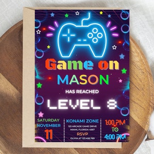 Video Game Birthday Invitation, Video Game Party, Gaming Birthday Neon Invitation, Gamer Party, Arcade Invitation, Level Up Birthday Party