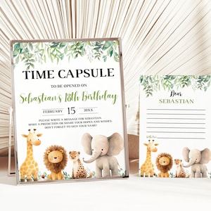 Wild One Time Capsule eerste verjaardag, Safari verjaardagsdecoratie aangepast gastenboek teken, Jungle thema verjaardagswensen kaart, gelukskaart