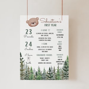 Panneau d'étape étape de la fête des bois, panneau d'étape de la fête d'anniversaire ours brun, panneau d'anniversaire des bois, affiche premier anniversaire, panneau imprimable, BBI