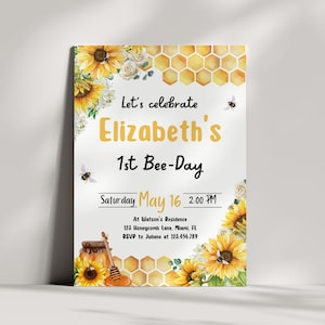 First Bee Day Birthday Invitation, Bee Invitation, Sunflower First Birthday, Bumble Bee Party, Honey Bee Decor, Bee Birthday Card