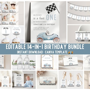 Fast One Birthday Bundle, Retro Race Car First Birthday Party Decorations, Fast One Birthday, Vintage Blue Racing Car, Digital Download, RCI