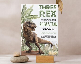 Three Rex Birthday Invitation: Dinosaur 3rd Birthday T-Rex Party Invite | Editable Canva Template | Digital Download