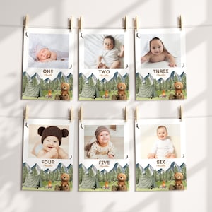 Bannière photo pour cartes d'étapes clés, un bébé campeur heureux, bannière bois, marqueurs d'étapes pour fête d'anniversaire de camping, décorations d'anniversaire dans les bois