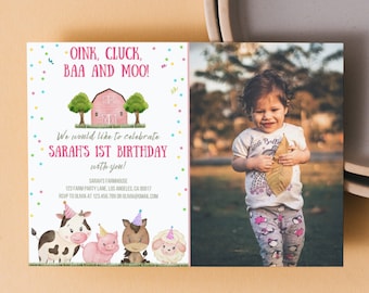 Girl Farm Birthday Invitation: Farm Animals, Pink Barn (Editable Canva Template)