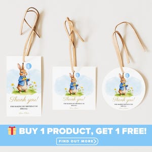 Etiquetas de agradecimiento para baby shower de Peter Rabbit / Etiquetas de recuerdo de Flopsy Bunny con motivos primaverales / Plantilla editable de Canva / Descarga digital