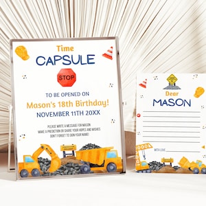 Cápsula do tempo da festa de aniversário da construção, sinais da festa da construção, livro de visitas personalizado da escavadeira, cartão dos desejos do aniversário do tema da construção