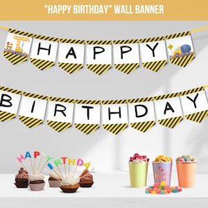 Banner de cumpleaños feliz de construcción, banner de cumpleaños de construcción, empavesado de cumpleaños de excavadora, banner imprimible de cumpleaños de tema de construcción