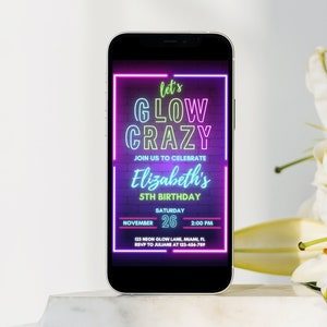 Neon Birthday Mobile Invitation, Glow In The Dark Birthday Party, Let&#39;s Glow Crazy, Glow Party Digital Invitation, Neon Birthday Party
