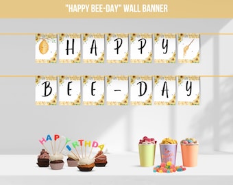 First Bee Day Birthday Banner | Sunflower Bumble Bee Birthday Bunting | Bee 1st Birthday Banner | Editable Canva Template | Digital Download