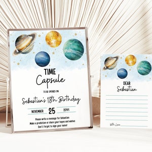 Premier voyage autour du soleil Capsule temporelle 1er anniversaire, livre d'or personnalisé fête dans l'espace, carte de voeux de premier anniversaire dans l'espace, carte porte-bonheur