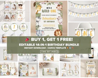 Wild One Safari Birthday Bundle: Jungle Animals Party, Editable Canva Templates (Digital Download)