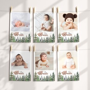 Bannière photo fête des bois, bannière fête d'anniversaire hiver, cartes jalons fête d'anniversaire ours brun, bannière 1er anniversaire fête des bois BBI