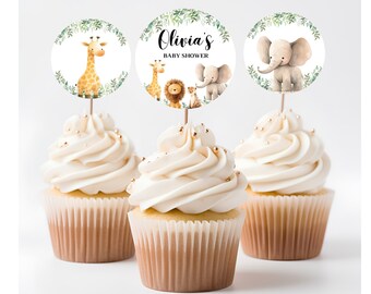 Safari Baby Shower Cupcake Toppers | Jungle Animals Wild One Baby Shower Decorations | Editable Canva Template | Digital Download