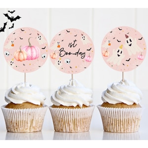 Gruseliger Halloween Cupcake Toppers für Mädchens 1. Geburtstag Party Dekor, Halloween Party Dekor, Little Boo Kürbis