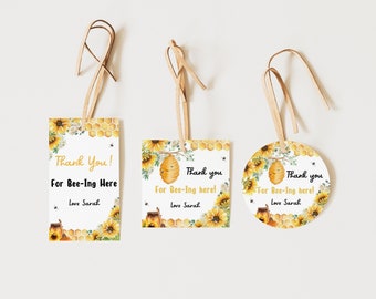First Bee Day Birthday Thank You Tags | Bumble Bee Party Favor Labels | Sunflower Bee Gift Tags | Editable Canva Template | Digital Download