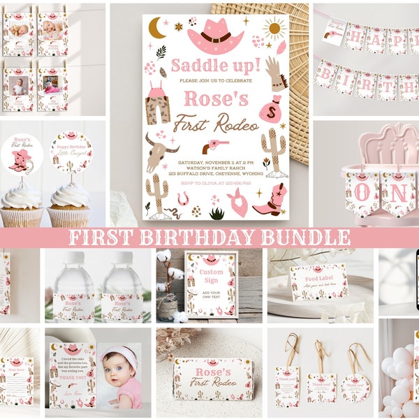 My First Rodeo Birthday Decor Bundle, Cowgirl Invitation Party Decorations, Western Invitation, Cowgirl Birthday Party, Digital Download, CI