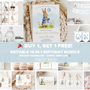 Peter Rabbit Birthday Bundle | 1st Birthday Invitation Set | Flopsy Bunny Theme | Printable Party Decor | Editable Canva Templates