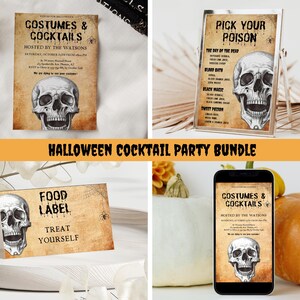 Halloween Cocktail Party Bundle, Halloween Costume Party Invitation Pack, Vintage Skull Party Invite, Spooky Halloween Party Decor