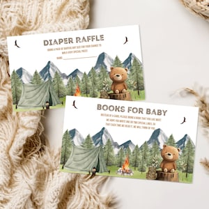 Carte de tombola de couches pour baby shower Little Camper, carte de livres pour baby shower dans les bois, l'aventure vous attend, billet de tombola de couches sur le thème des ours