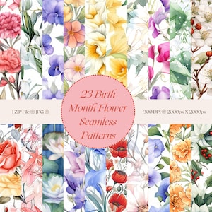 Watercolor Birth Month Flowers Seamless Pattern- Digital Download, Paper Textures, Tiling Pattern, Scrapbook Paper