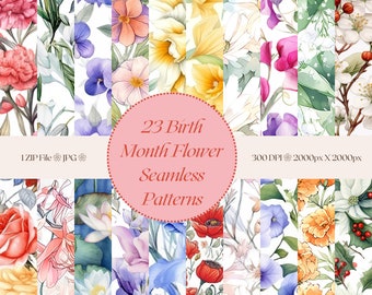 Watercolor Birth Month Flowers Seamless Pattern- Digital Download, Paper Textures, Tiling Pattern, Scrapbook Paper