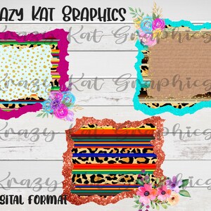 May include: Three digital scrapbook paper frames with a distressed, torn edge design. Each frame features a different pattern: polka dots, burlap, and colourful stripes. The frames are decorated with floral elements.