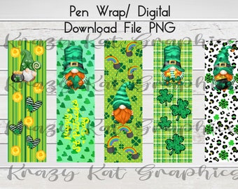 May include: Five digital pen wrap designs featuring a leprechaun with a green hat, a pot of gold, and shamrocks. The designs include a green and yellow striped pattern, a green and white shamrock pattern, a green and white plaid pattern, a green and white shamrock pattern with a rainbow, and a white and black leopard print pattern.