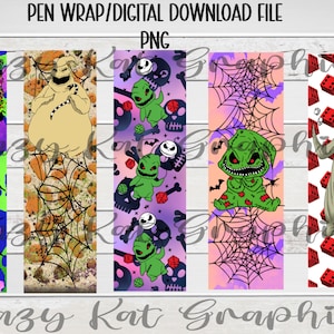 May include: Five digital pen wrap designs featuring the characters from the Nightmare Before Christmas. The designs include a green and purple spiderweb pattern, a brown and orange spiderweb pattern, a purple and pink pattern with green characters, a pink and orange spiderweb pattern with a green character, and a white background with red dice and a green character.