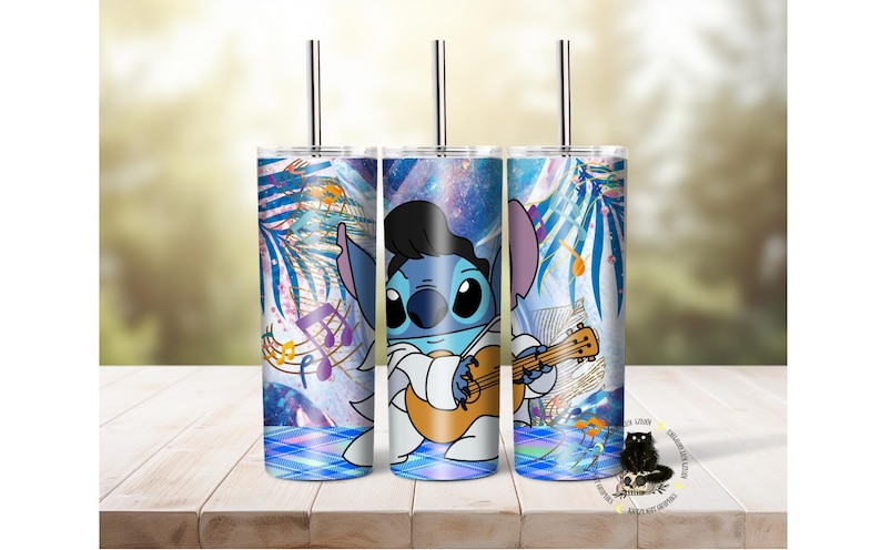 May include: Three stainless steel tumblers with a blue and white design featuring a cartoon character playing a guitar. The background includes musical notes and a galaxy pattern.