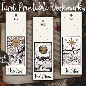Printable Tarot Bookmarks, Set of 3 Bookmarks, The Sun, The Moon, The Star, Book Lover Gift, Christmas Gift, Tarot Cards, Pick a Card Tarot