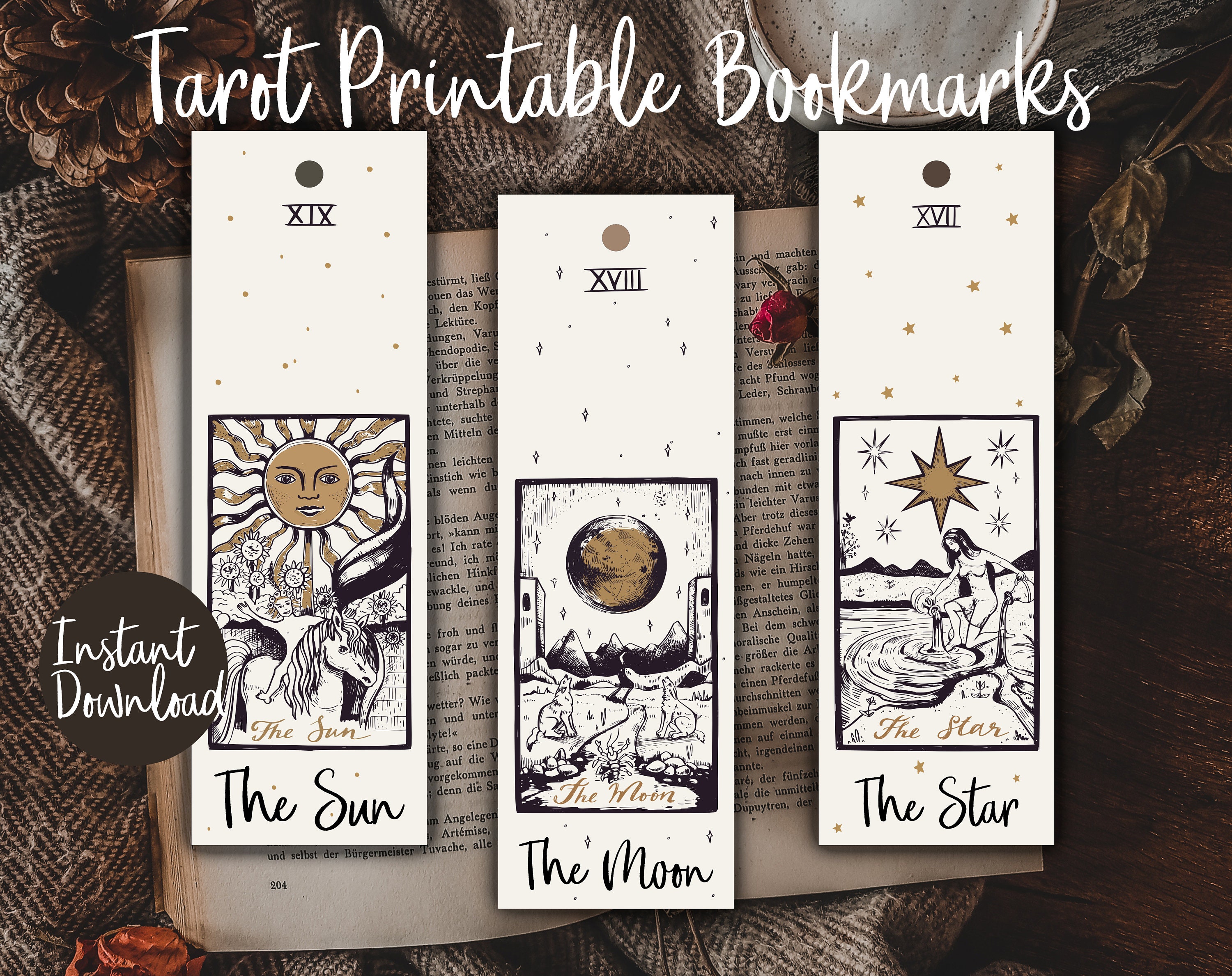 Printable Tarot Bookmarks, Set of 3 Bookmarks, the Sun, the