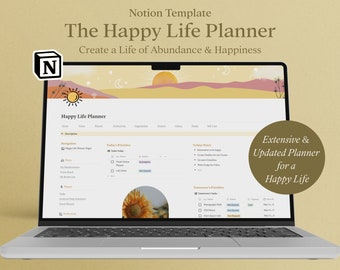 May include: A laptop computer screen displaying a Notion template called "The Happy Life Planner". The template is designed to help users create a life of abundance and happiness. The screen shows a list of tasks and notes, including "Today's Priorities" and "Tomorrow's Priorities". The laptop is on a light brown surface.