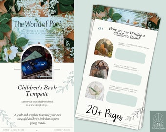 May include: A printable guide and template for writing a children's book. The cover features a green and white floral design with the text "Children's Book Template" and "Write your own children's book in a few simple steps". The inside pages feature a light blue background with text boxes and prompts for brainstorming ideas.
