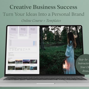 May include: A laptop computer displaying a website with the text "Creative Business Success Turn Your Ideas Into a Personal Brand Online Course + Templates". The website also includes a screenshot of a worksheet with the text "BRAND" and a grid of squares. The laptop is on a green surface. The background image on the laptop screen shows a woman in a white dress holding a lantern in a forest.