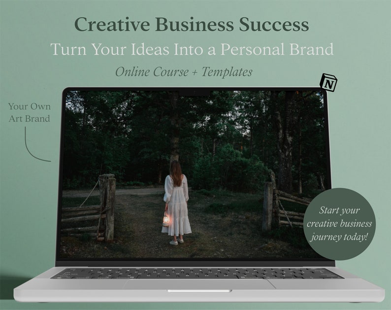 May include: A laptop computer screen displaying a woman walking through a forest path towards a wooden gate. The text on the screen reads "Creative Business Success Turn Your Ideas Into a Personal Brand Online Course + Templates".