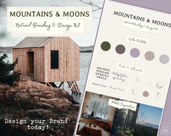 May include: Branding kit for a business with a nature theme. The kit includes a color palette, fonts, and design elements. The color palette includes shades of green, purple, and brown. The fonts are a serif font and a handwritten font. The design elements include a mountain, a moon, and a flower.