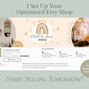 Puede incluir: Banner de tienda Etsy con un arcoíris y el texto "Child & Love" en un esquema de color rosa y blanco. El banner también incluye el texto "I Set Up Your Optimized Etsy Shop" y "Start Selling Tomorrow!" El banner está diseñado para promover una tienda que vende artículos de interior hechos a mano y naturales para guarderías.