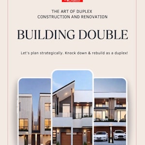 Peut inclure: Image promotionnelle pour e-WEstudios, présentant la construction et la rénovation de duplex. Le texte indique "BUILDING DOUBLE" et "Let's plan strategically. Knock down & rebuild as a duplex !" Trois écrans de smartphone affichent des designs de duplex modernes.